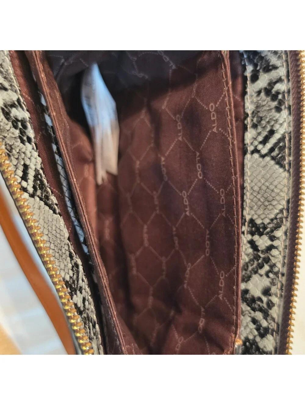 ALDO Gray Snake Print Crossbody Bag Brown Trim Gold Hardware Adjustable Strap
